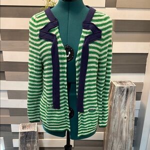 Anthropologie Green and Navy Striped Cardigan